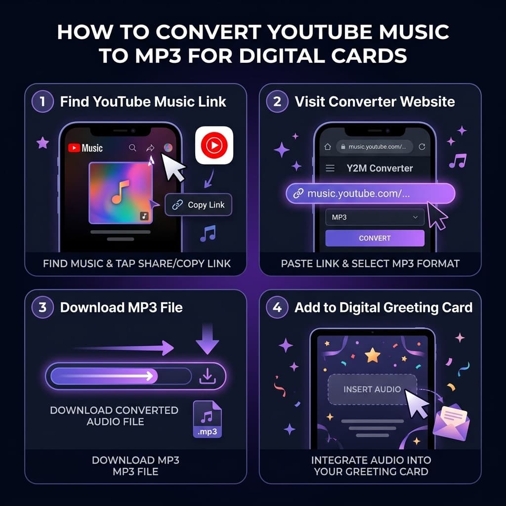 Panduan Visual Infografis Cara Memasang Musik YouTube MP3 di Kartu Ucapan Digital